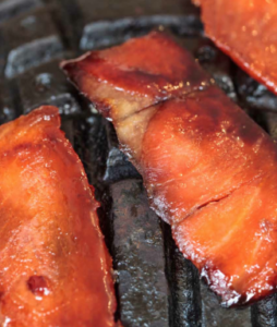 SALMON BACON WITH RHUBARB LACQUER