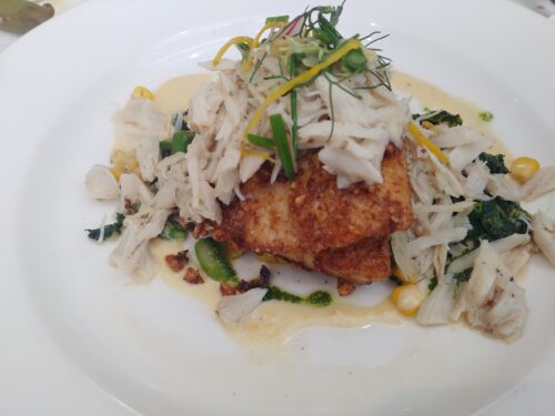 Pecan crusted Drum with Crabmeat, Kale and Corn